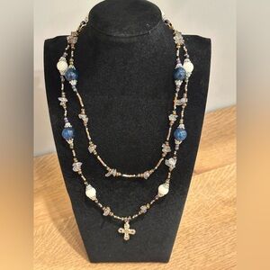Handmade Blue & White Beaded Cross Necklace
19”